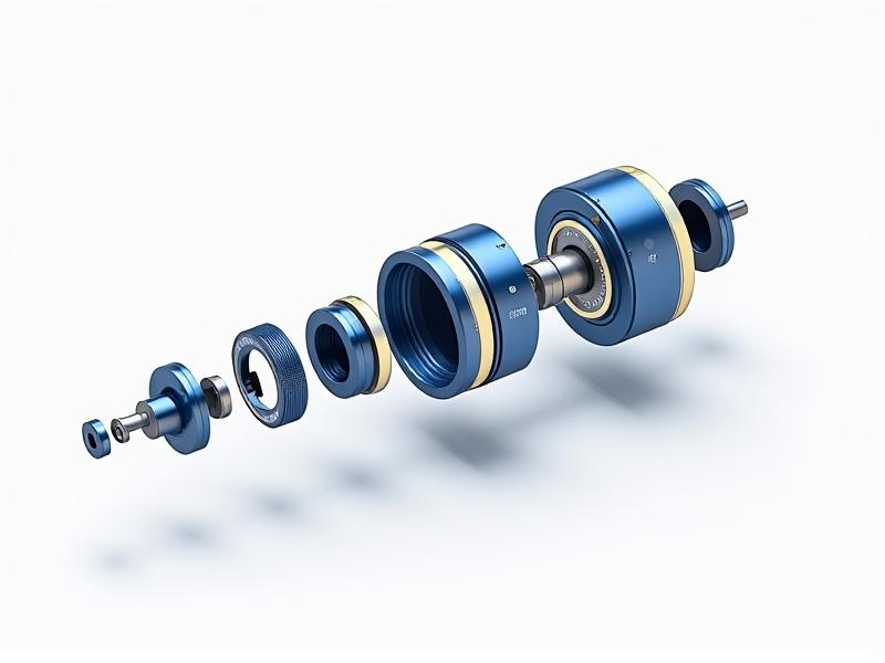 An exploded technical diagram of a smartphone microscope attachment, revealing internal lenses, LED rings, and adjustable focal mechanisms. Style: isometric vector illustration with metallic blue and gray components, labeled parts, and a clean, minimalist aesthetic.