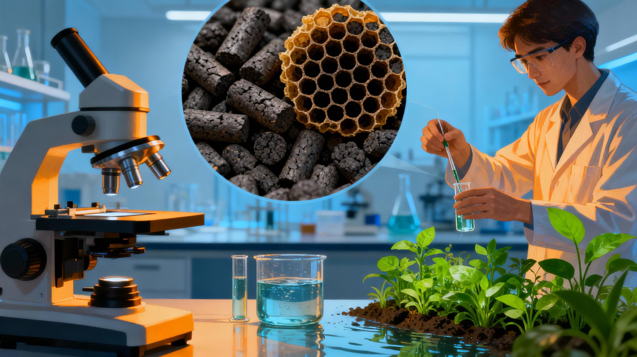 A laboratory setup featuring biochar pellets under a microscope, revealing their honeycomb-like structure. Beside it, a technician in a lab coat tests water samples, with vibrant green plants symbolizing ecological remediation. Cool blue tones contrast with warm amber lighting to highlight scientific innovation.