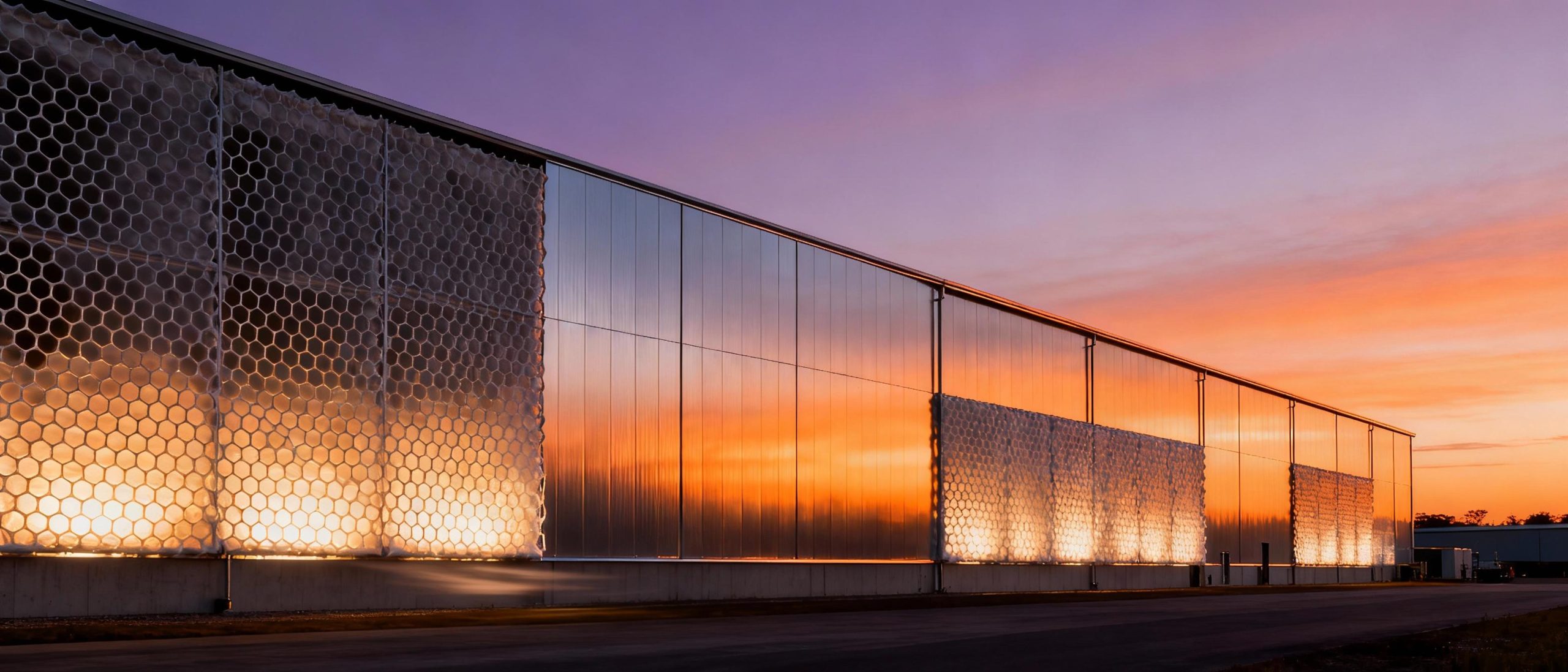 A large-scale industrial facility with adaptive insulation panels covering its exterior. The panels dynamically change texture and opacity, transitioning from smooth metallic surfaces in daylight to porous, honeycomb-like structures at night. Twilight setting with soft gradients of orange and purple sky, highlighting the building’s seamless integration with environmental cycles.