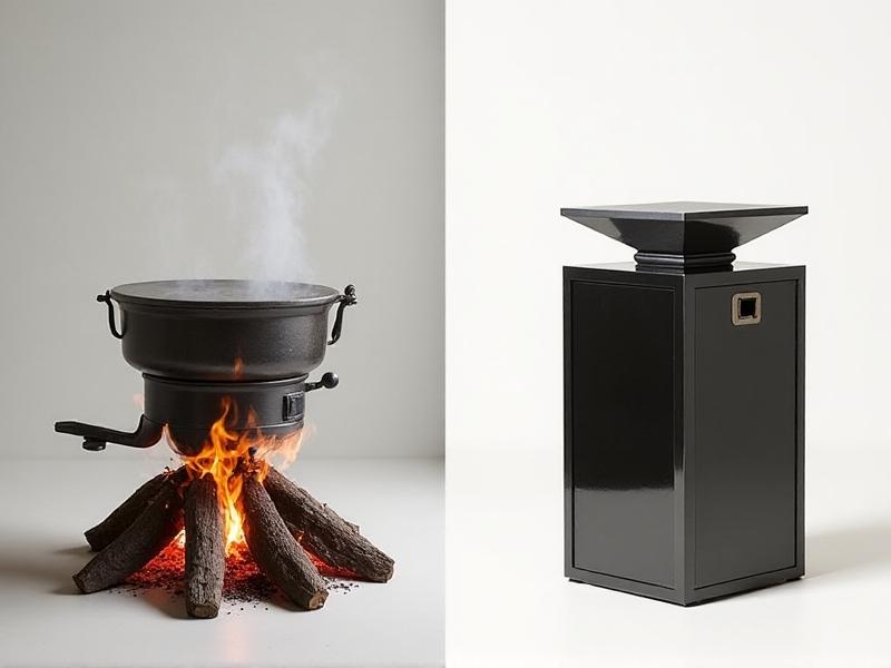 A split-image comparison: left side shows an antique iron wax melter over a wood fire; right side features a sleek Solar Wax Extractor 3.0 with glossy panels. Neutral background highlights technological progression from smoky, labor-intensive methods to clean, solar-driven design.