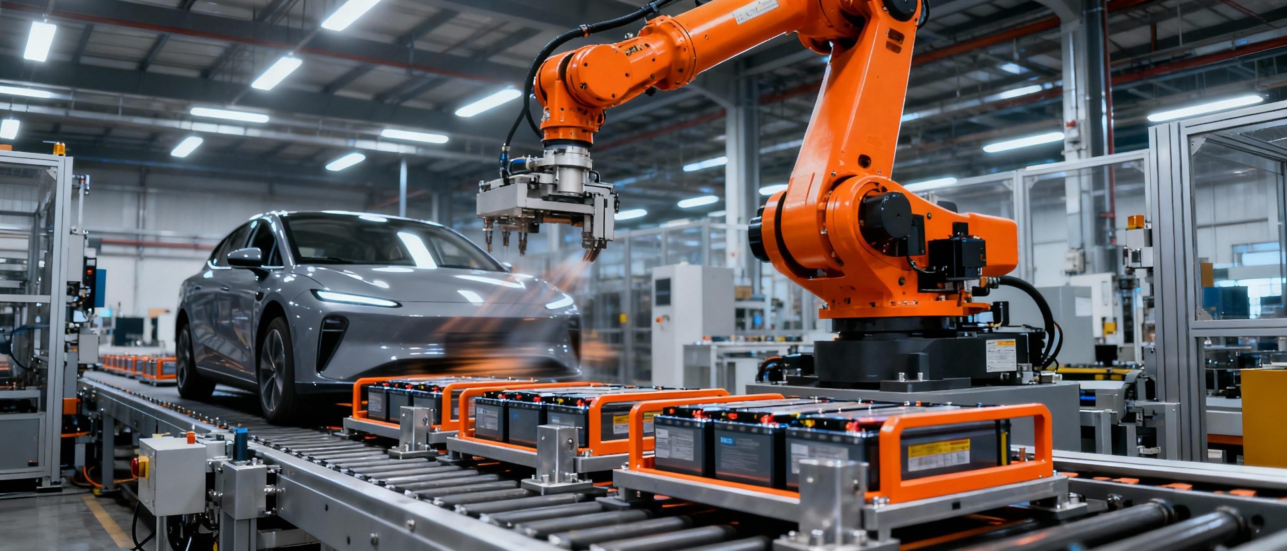 Automated electric vehicle production line with magnetic frames aligning battery modules. Bright orange robotic arms contrast with metallic gray machinery, illuminated by stark industrial lighting. The atmosphere is dynamic, emphasizing motion and technological advancement.
