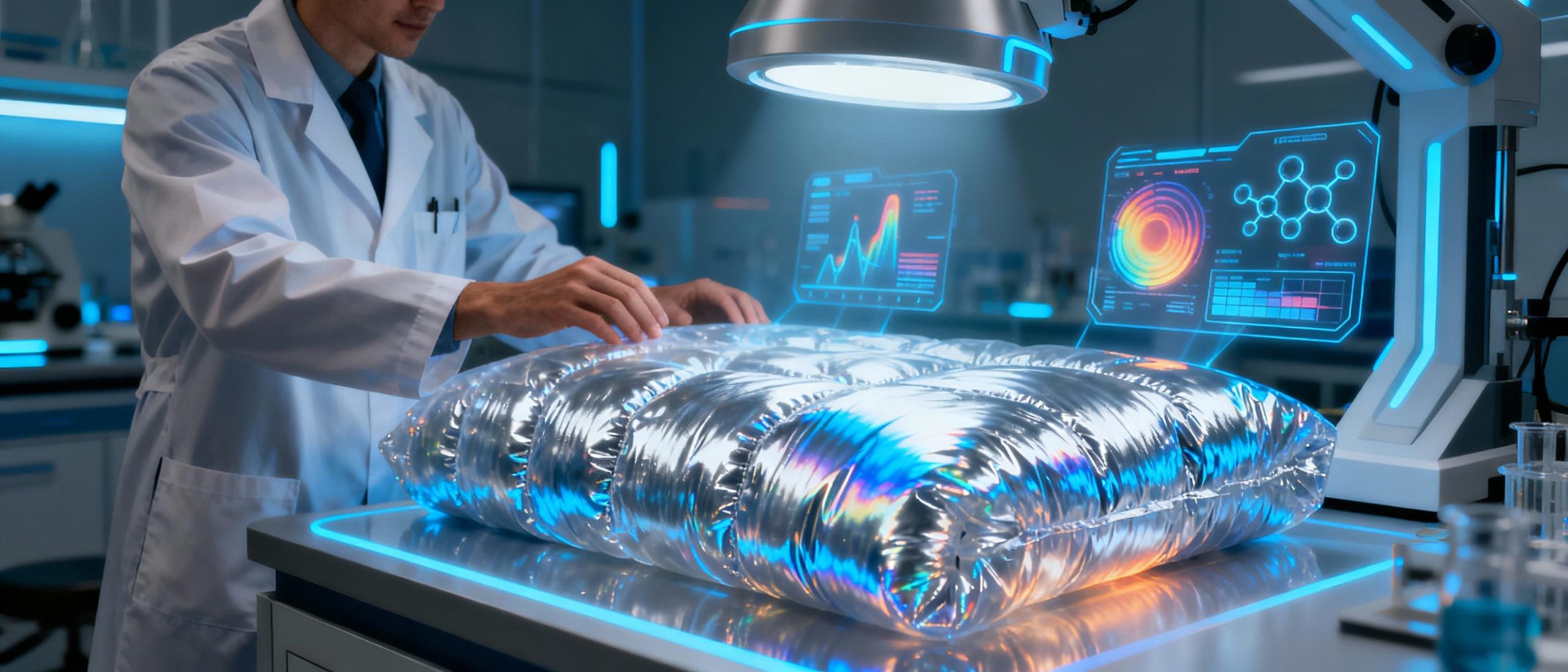 A close-up of a researcher testing a translucent insulation material that changes opacity when exposed to a heat lamp. The lab environment features futuristic equipment, with holographic projections displaying thermal maps and molecular structures. The material shimmers with iridescent blues and silvers under focused lighting, evoking a high-tech laboratory aesthetic.