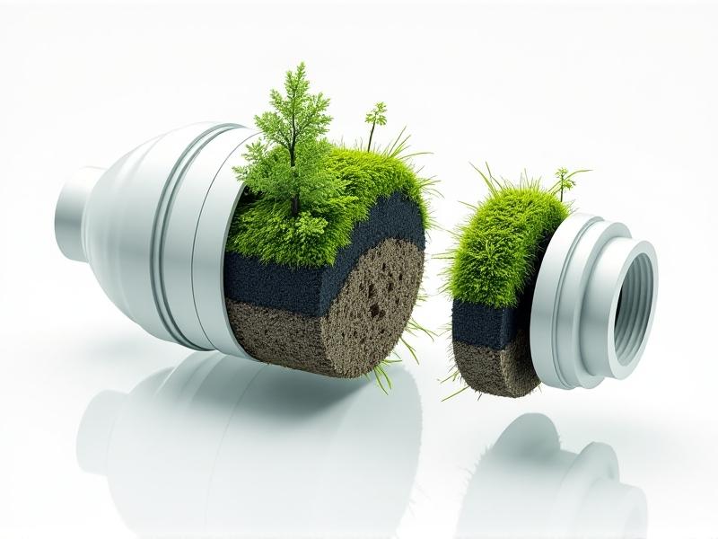 An exploded diagram of a water filter with moss, charcoal, and sand layers, inspired by wetland ecosystems. The technical illustration uses crisp white backgrounds and vibrant green accents, showcasing the intersection of nature and cutting-edge technology.