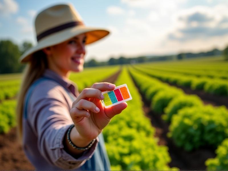 A farmer in a sunhat uses a pesticide residue test strip in a sunlit vegetable field. Rows of lettuce and tomatoes stretch into the distance under a partly cloudy sky. The strip's bright colors pop against the earthy tones of soil and plants, symbolizing grassroots empowerment in sustainable farming.