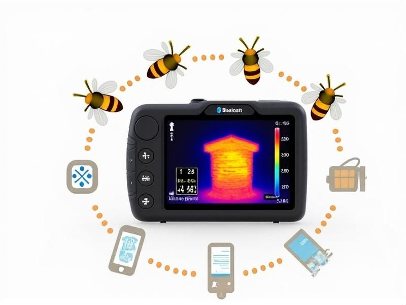 A modern handheld thermal imaging device with a digital display showing a high-resolution heat map of a beehive. The device has a sleek black design, with touchscreen controls and Bluetooth connectivity symbols. Surrounding the camera are illustrated icons of bees and temperature graphs, symbolizing data integration.