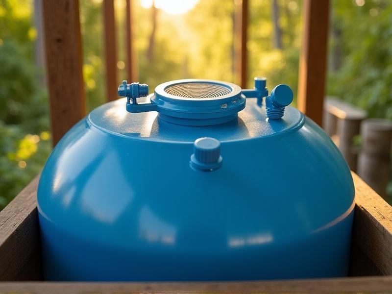 A detailed close-up of Flow Hive's water reservoir, showing a blue plastic tank with a mesh filter and adjustable valves. The setting is a rustic wooden apiary with sunlight filtering through nearby trees, creating a warm, practical atmosphere focused on eco-friendly resource management.