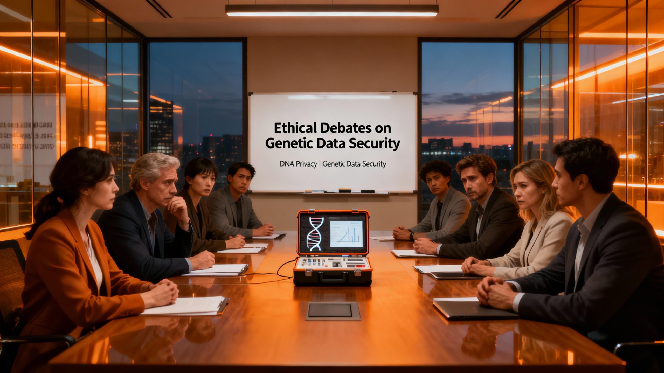 A diverse group of professionals debates around a conference table with a DNA field-testing kit at the center. The room has floor-to-ceiling windows overlooking a cityscape at dusk, with warm amber lighting reflecting off modern glass surfaces. Expressions range from contemplative to concerned, emphasizing the tension between innovation and ethics. Keywords: DNA privacy, ethical debate, genetic data security.