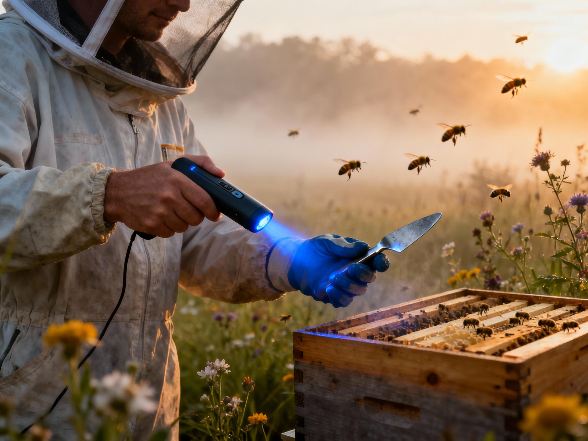 A beekeeper in a protective suit holding a handheld UV sanitizer pen near a hive box. The pen emits a soft blue beam, sanitizing a metal hive tool held in their gloved hand. Surrounding elements include wildflowers, buzzing bees in flight, and a misty morning backdrop with golden-hour lighting highlighting the practicality of field sanitation.