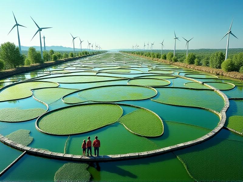 An aerial view of a circular algae farm with cascading ponds in varying shades of emerald and teal, surrounded by solar panels and wind turbines. Workers in boots inspect the algae harvest under a clear blue sky, illustrating sustainable agriculture and renewable energy integration.