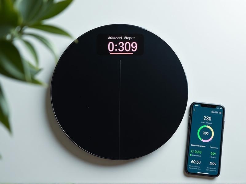 A top-down view of a circular black Bluetooth scale displaying colorful body composition metrics on its LCD screen. An iPhone with a health app dashboard sits beside it, showing synchronized data graphs. Soft natural light creates a clean, minimalist aesthetic.