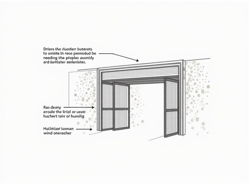Technical cross-section diagram of a weather-responsive entrance reducer showing internal components: rubberized seals, retractable aluminum panels, humidity sensors, and motorized actuators. Annotations explain how sensors trigger adjustments during rain or wind. Illustration style is detailed and educational with a neutral color palette.