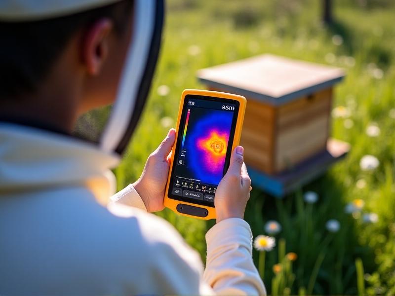 A beekeeper in protective gear using a handheld thermal imaging device to inspect a wooden hive nestled in a wildflower meadow. The device's screen displays a color-coded heat map, with focus on the brood frames. Sunlight filters through trees, casting dappled shadows on the scene.