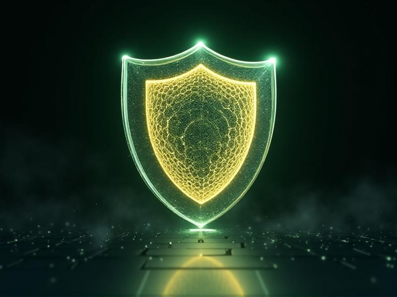 A transparent shield icon filled with glowing honeycomb patterns protects a smartphone and laptop from shadowy data-harvesting bots. The digital artwork features metallic textures and green/amber gradients, symbolizing cybersecurity in a privacy-focused context.