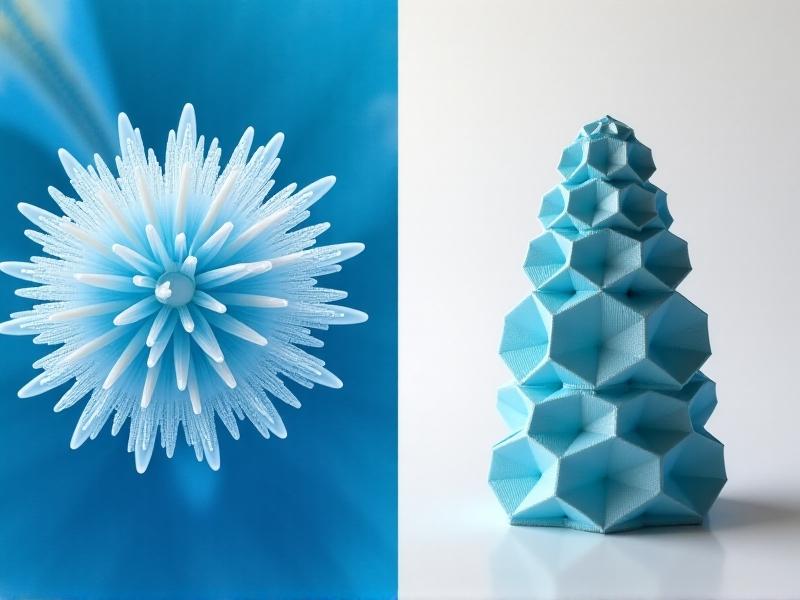 A split-image comparison: a microscopic view of a radiolarian’s silica skeleton on the left, and a 3D-printed geodesic hive prototype on the right. Both feature intricate hexagonal patterns, highlighted in soft blue and white tones, illustrating the connection between biological forms and human-engineered solutions.