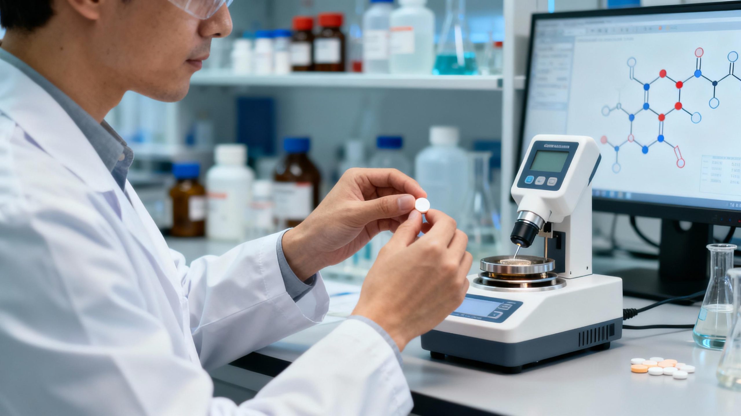 A researcher in a white coat using a portable melting point tester to analyze a tablet sample in a high-tech pharmaceutical lab. The background includes shelves of chemical reagents and soft focus on a computer monitor displaying molecular structures, blending science with practicality.