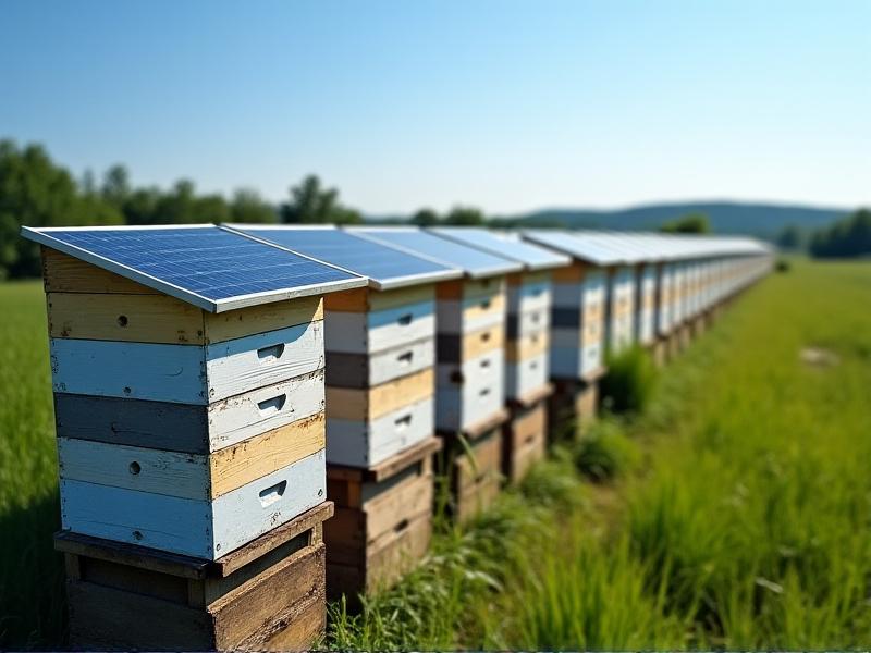 A row of beehives with glossy solar panels on rooftops under a clear blue sky, surrounded by green fields, illustrating renewable energy use in rural apiaries.