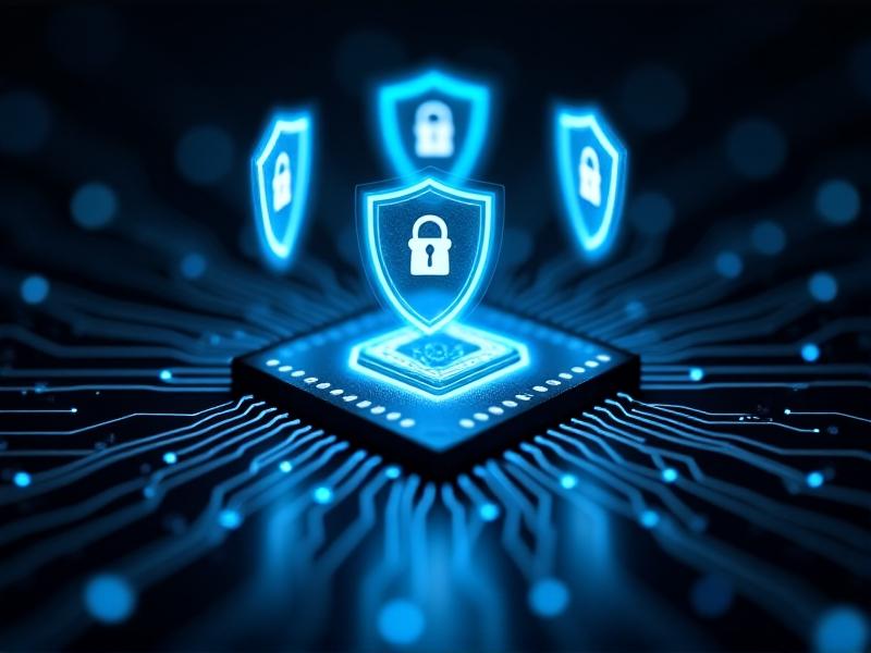 A macro photograph of an encrypted RFID tag chip with glowing circuit lines in neon blue and silver, mounted on a black background. Security shield icons hover holographically above, symbolizing data protection and cybersecurity measures.