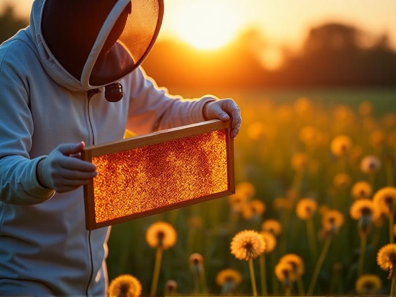 A beekeeper in a protective suit uses a hive tool to add a honey super during golden hour. The supers’ frames glisten with fresh nectar, while a digital scale at the apiary edge flashes updated weight readings. Dandelions dot the foreground, emphasizing spring management timing.