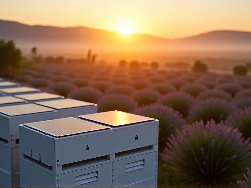 A modern beekeeping apiary at dawn, featuring white IoT hive scales with solar panels. Each scale wirelessly transmits data to a beekeeper’s tablet, which displays a graph of hive weight fluctuations against a backdrop of misty hills and lavender fields.