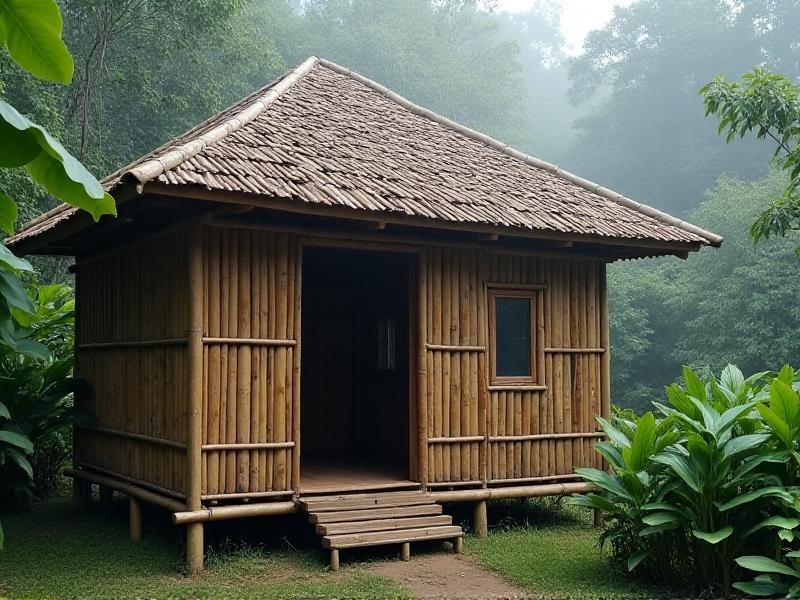 A weathered bamboo hut with intricately woven walls, surrounded by tropical foliage; morning mist softens the scene, emphasizing organic textures and timeless architectural harmony.