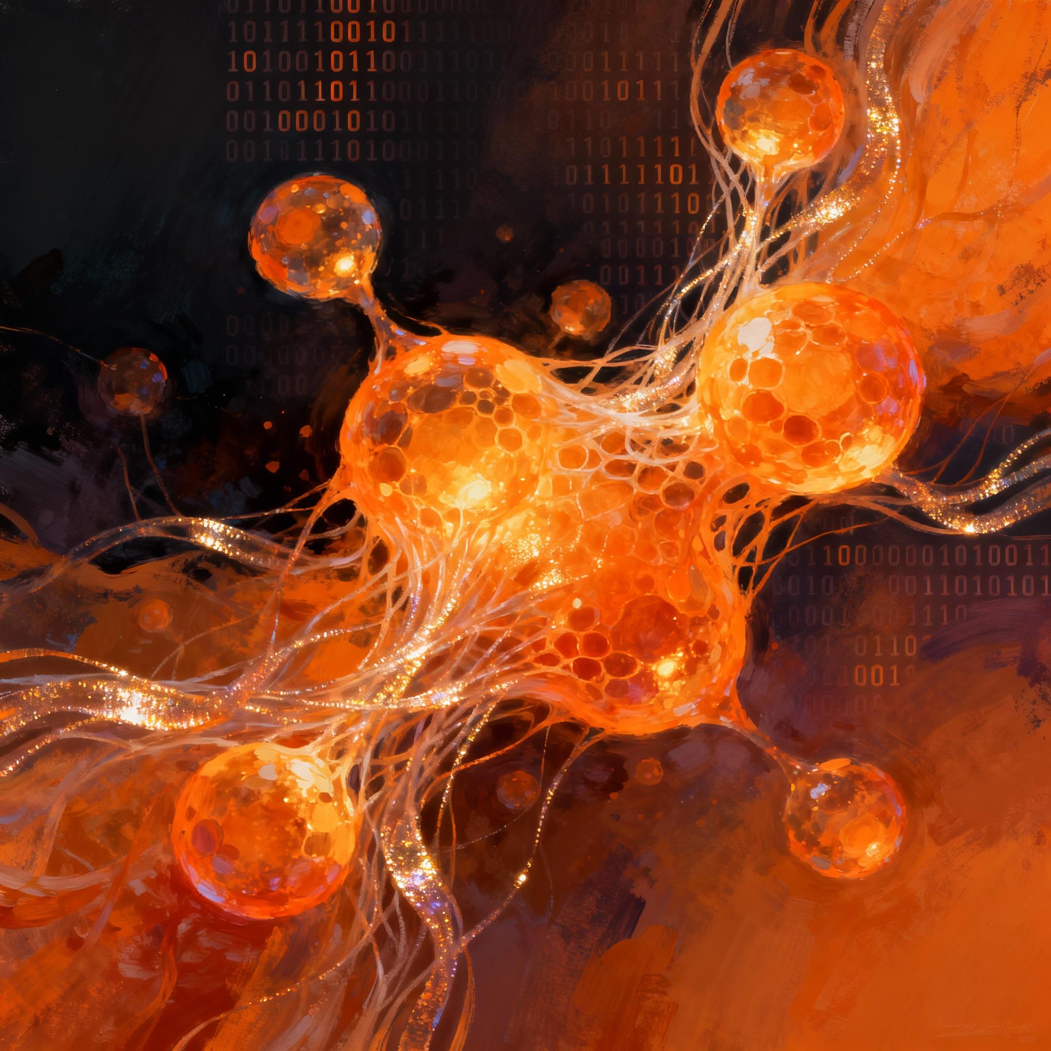 An abstract digital painting of decentralized nodes resembling organic cells, each glowing with warm orange cores and connected by shimmering fibrous threads. The dark, gradient background emphasizes resilience and complexity, with subtle binary code textures.