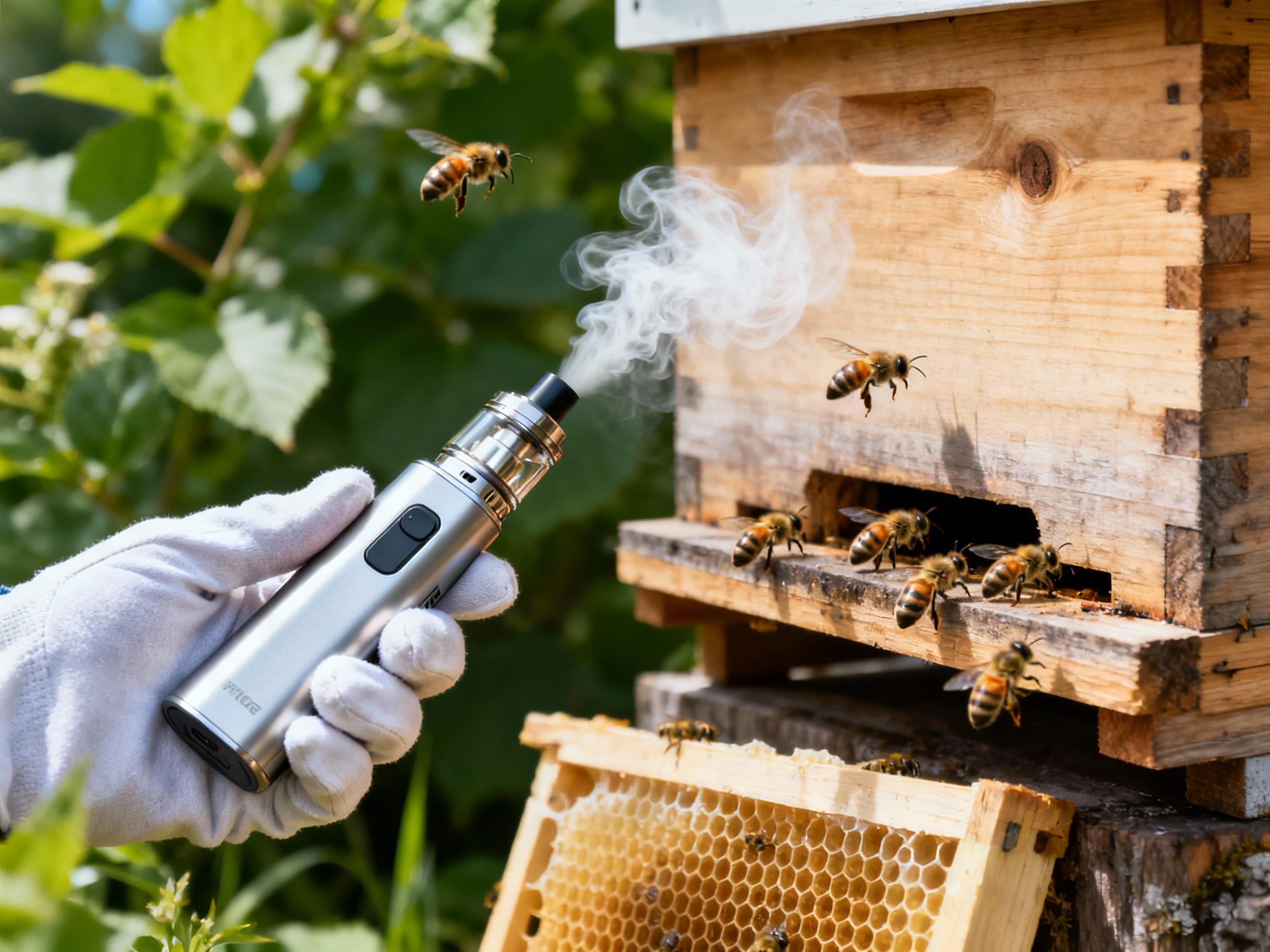 A sleek, silver electric vaporizer held by a gloved hand, releasing a faint wisp of white vapor toward a wooden beehive. Bees hover calmly around the entrance. Bright daylight accentuates the device's modern design against a backdrop of green foliage and honeycomb frames. The image conveys innovation and harmony with nature through sharp details and cool-toned highlights.