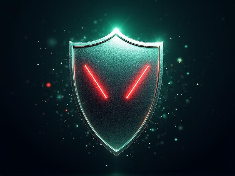 A conceptual image of a shield protecting a network of IoT devices, with cyberattack symbols like red bolts striking the shield but disintegrating. The shield glows with a mix of metallic silver and neon green hues, set against a dark background with faint binary code textures.