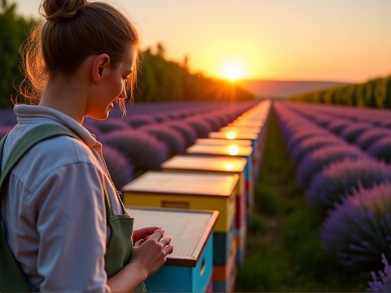 Rows of colorful beehives in an organic orchard with RFID tags visible on each hive entrance. A worker in eco-friendly packaging checks a solar-powered RFID reader at sunset, with lavender fields stretching into the distance.