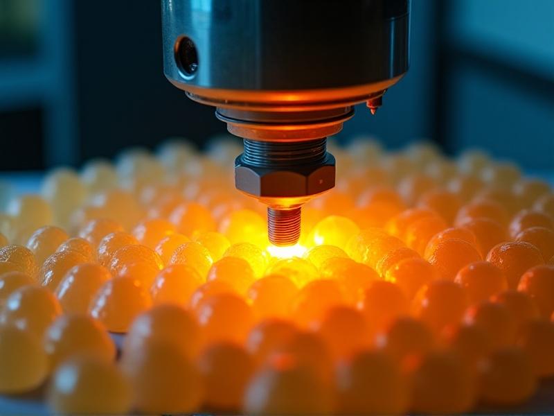 Macro view of a robotic cutting tool vaporizing honeycomb wax caps with a laser-focused heat beam; steam rises dramatically under cool, clinical LED lights, showcasing high-tech agricultural automation.