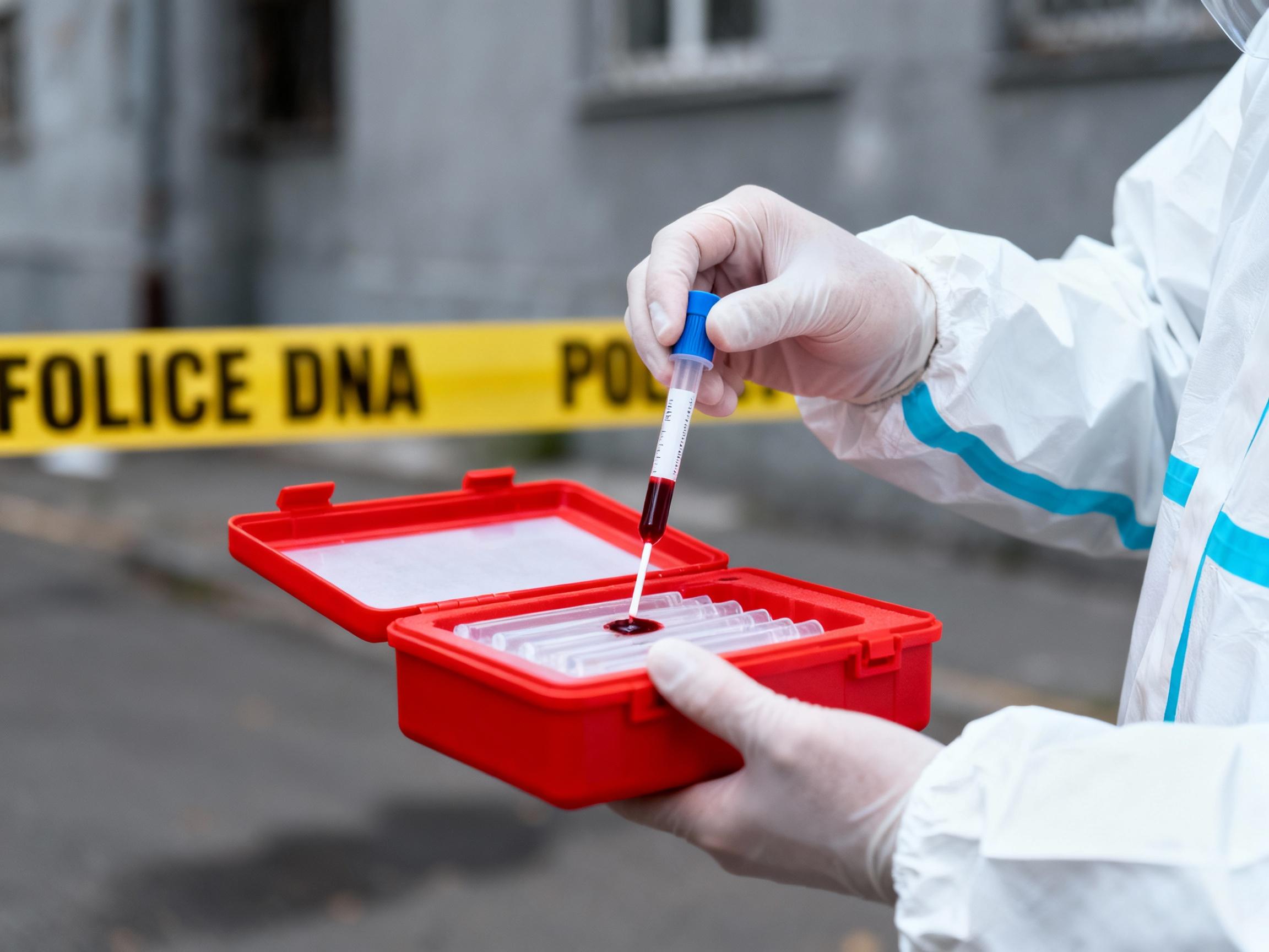 A forensic investigator in a white protective suit collects a blood sample at a crime scene using a DNA field-testing kit. The urban background features yellow police tape and a muted gray color palette, highlighting the kit’s vibrant red casing. Focus is on the swab’s interaction with the sample, conveying urgency and precision. Keywords: forensic DNA kit, crime scene investigation, rapid testing.