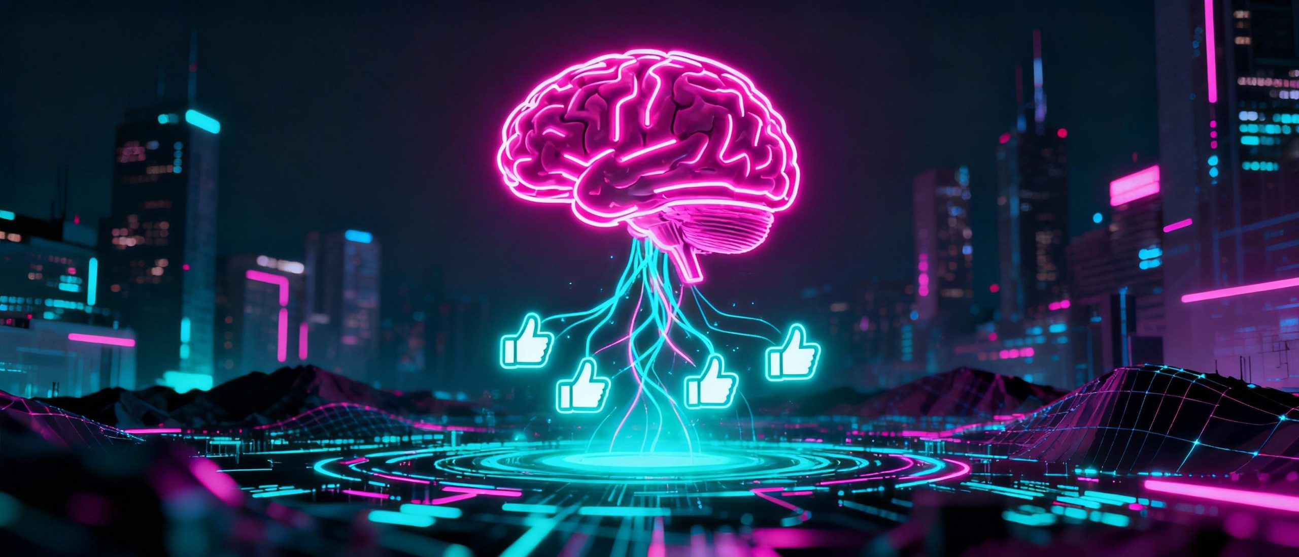 A neon-lit brain floating above a digital landscape, emitting neural connections that morph into upvote icons. Cyberpunk aesthetics with magenta and cyan lighting contrast against a dystopian city backdrop, symbolizing cognitive value driving consensus.