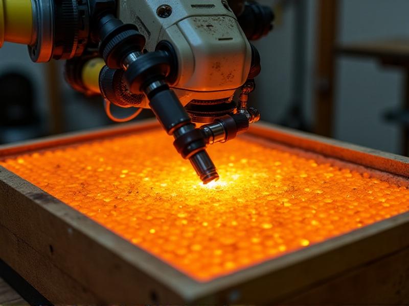 A robotic arm equipped with precision tools hovers over a beehive frame, with thermal imaging highlights revealing drone brood cells amidst hexagonal honeycombs under warm ambient workshop lighting.