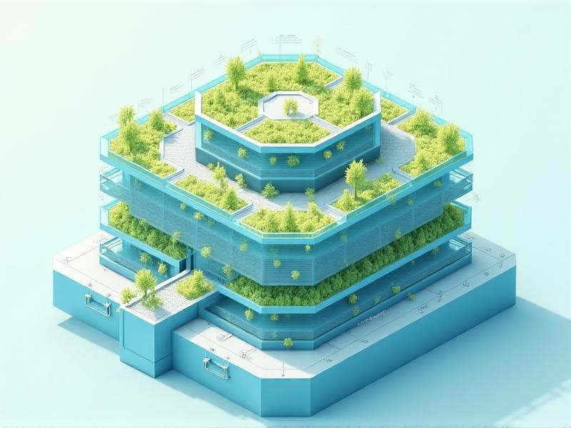 A cross-sectional diagram of a hive-level climate battery system. Layered hexagonal modules show geothermal pipes, rainwater collection tanks, and phase-change material chambers. An overlay of data flow lines connects sensors to a central AI hub. The design blends organic curves with industrial materials like recycled steel and transparent solar glass. Isometric illustration with soft blue and green hues.