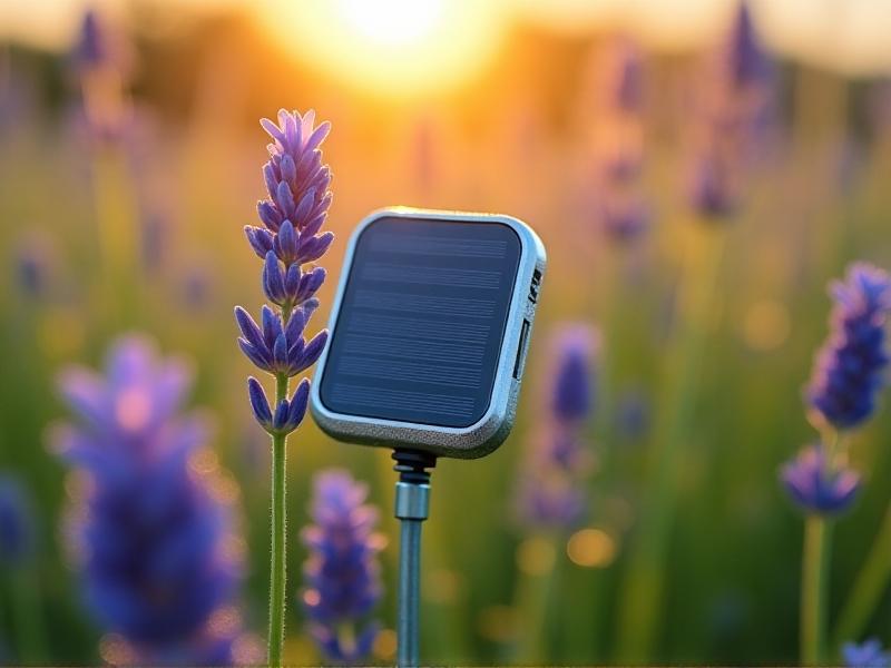 Close-up of a high-tech IoT sensor placed on a flowering plant in a meadow, monitoring environmental data like humidity and temperature. The device has a sleek metallic finish, solar-powered panels, and is surrounded by dew-covered lavender blossoms under morning light, symbolizing the fusion of technology and ecology.