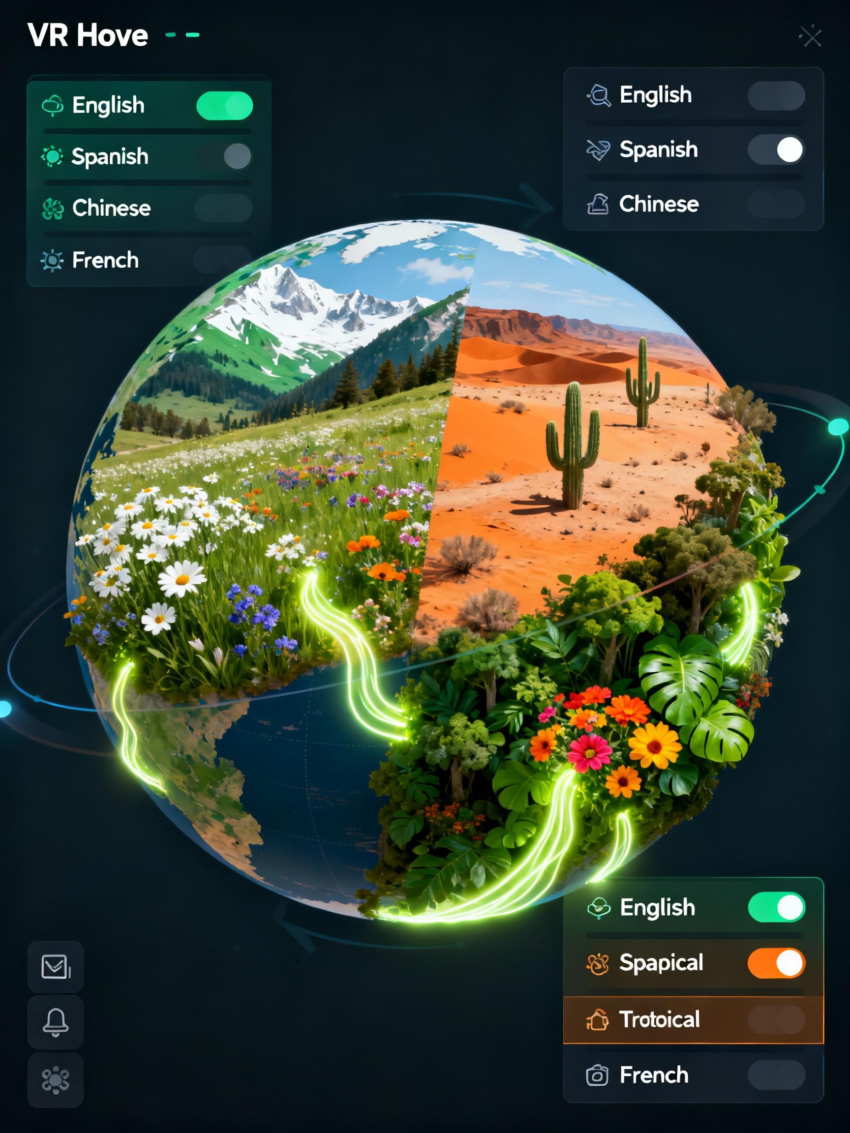 A globe-shaped interface displays rotating VR hive locations—alpine meadows, arid deserts, and subtropical forests—each with unique flora affecting virtual nectar flows. Icon-based menus offer language localization for international accessibility.