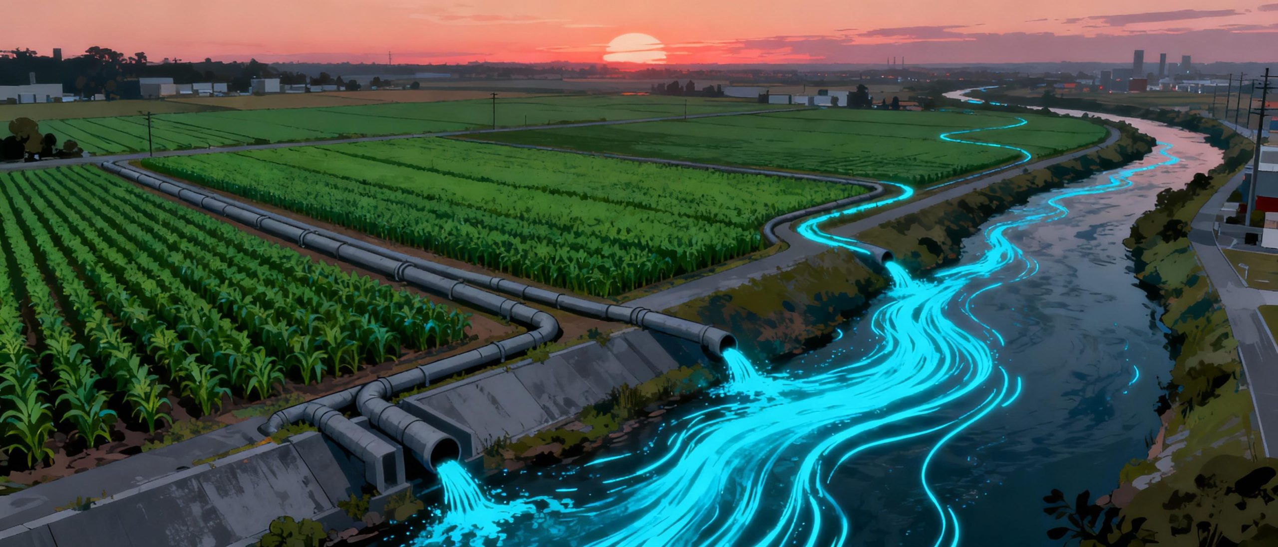 An aerial view of farmland with neon blue streaks representing neonicotinoid runoff flowing into a river, juxtaposed against green crop rows and gray urban drainage systems. The stylized illustration uses high-contrast colors to emphasize pollution pathways, with a muted sunset backdrop symbolizing environmental urgency.
