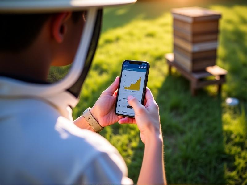 A beekeeper in a protective hat holds a smartphone displaying a graph of mite data while standing near a wooden beehive. The sensor mat is partially visible at the hive's base. Sunlight filters through trees, casting dappled shadows on the grassy apiary ground, conveying a blend of tradition and innovation.