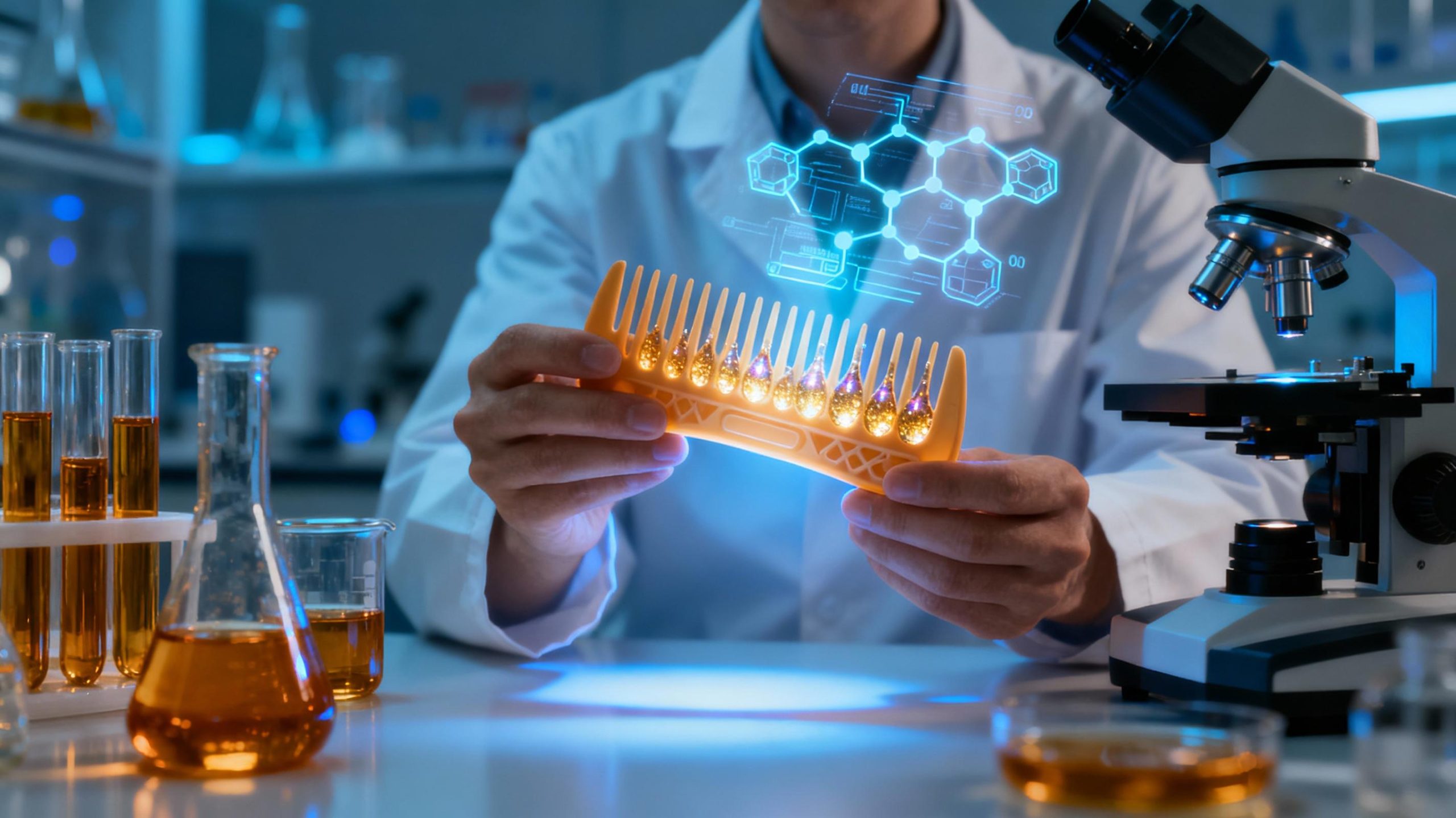 A laboratory setting with glass vials filled with amber liquids, microscopes, and holographic projections of molecular structures. A scientist in a white coat holds a 3D-printed comb under a UV light, revealing shimmering pheromone reservoirs within the comb’s teeth.