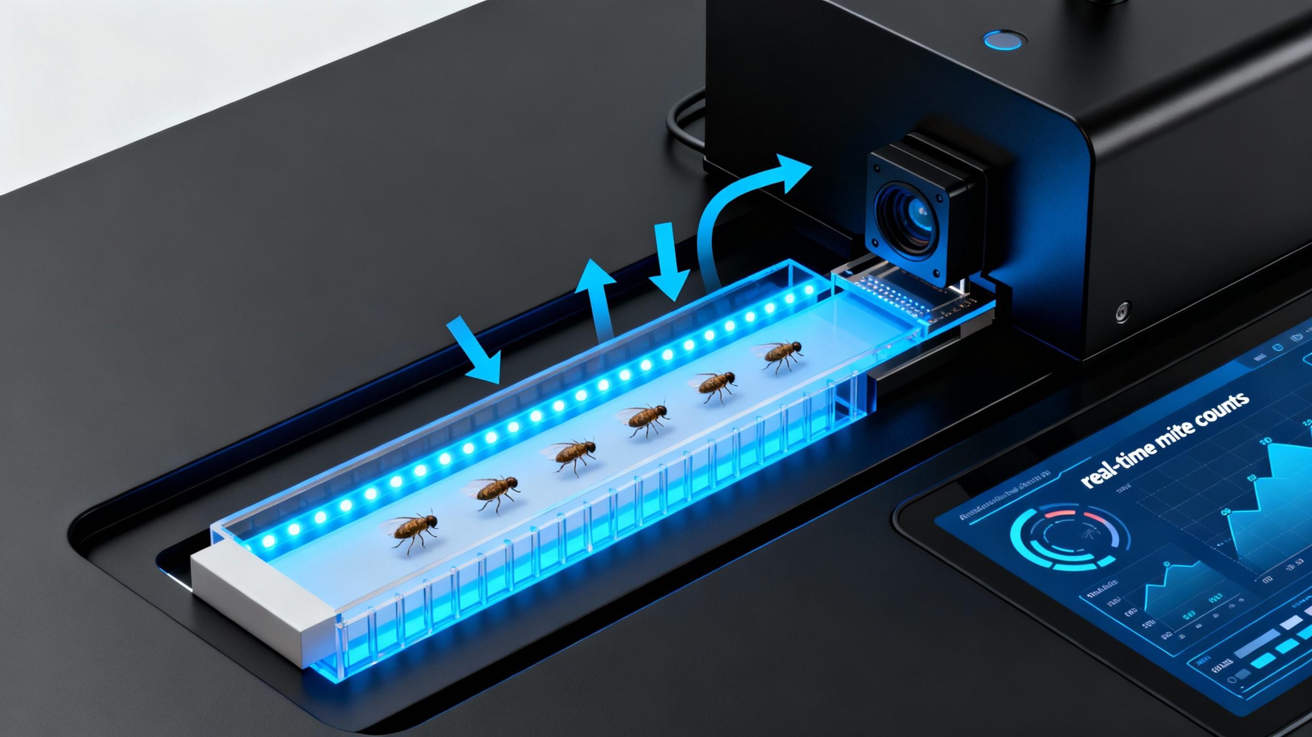 A cross-sectional technical illustration of an automated mite drop counter: a sleek black device with a sample tray illuminated by blue LED backlighting. Arrows show mites moving through a microfluidic channel toward a high-resolution camera sensor, while data visualizations on a nearby screen display real-time mite counts.