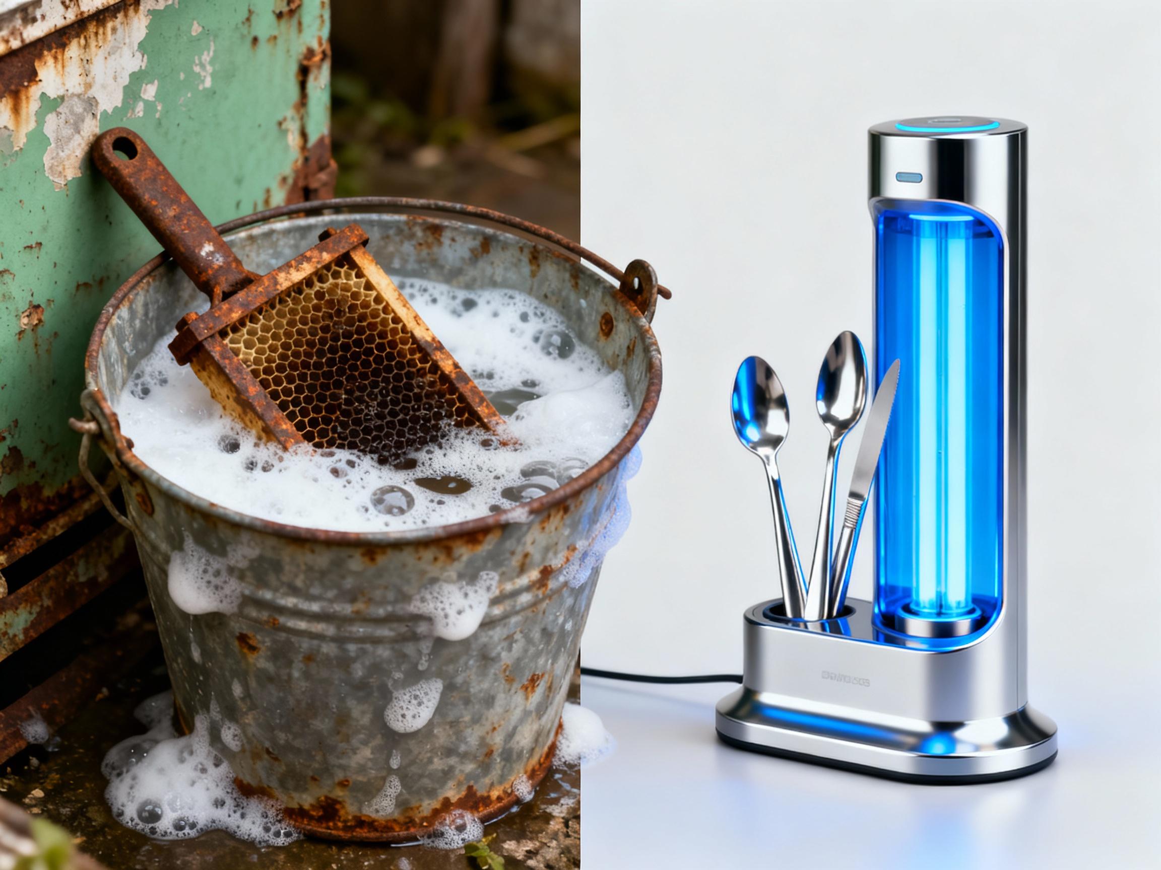 Side-by-side comparison: a weathered metal bucket filled with foaming chemical solution next to a sleek UV sanitizer unit. Rusty hive tools lie in the bucket, while shiny tools rest inside the sanitizer. The left side has muted greens and browns, evoking decay; the right uses vibrant blues and silvers, symbolizing modernity.