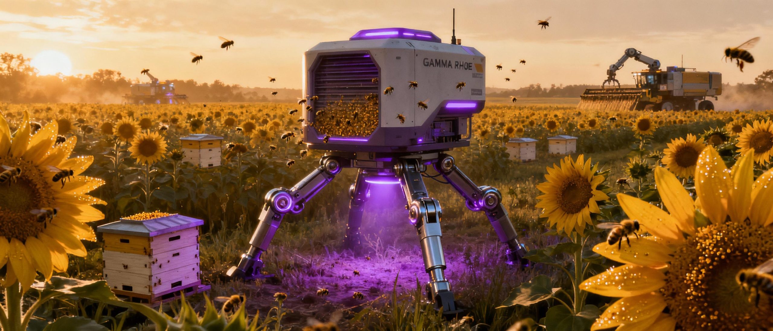 A gamma-ray hive unit deployed in a sunflower field at dusk. The device stands on hydraulic legs, emitting a faint purple glow that harmonizes with golden-hour sunlight. Pollinators swarm around adjacent untreated hives while robotic harvesters work in the distance. The scene combines natural landscapes with advanced agro-technology.