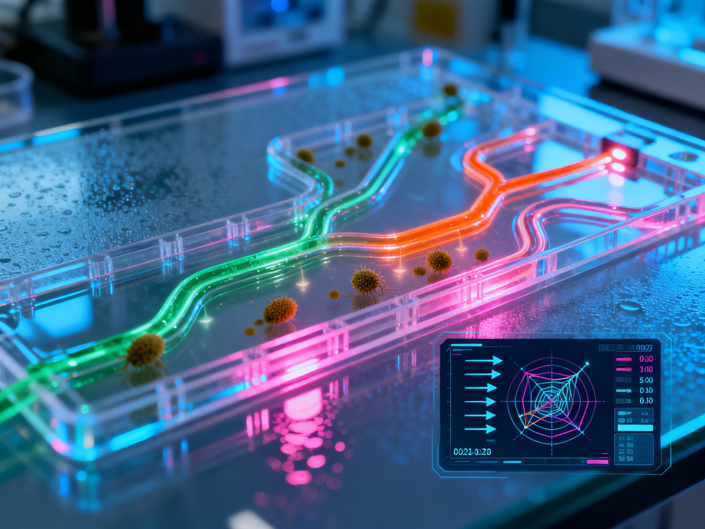 A close-up of a transparent microfluidic chip with branching channels, where colored liquid streams carry pollen particles under neon laboratory lighting. An inset shows a digital readout mapping particle trajectories in real time.