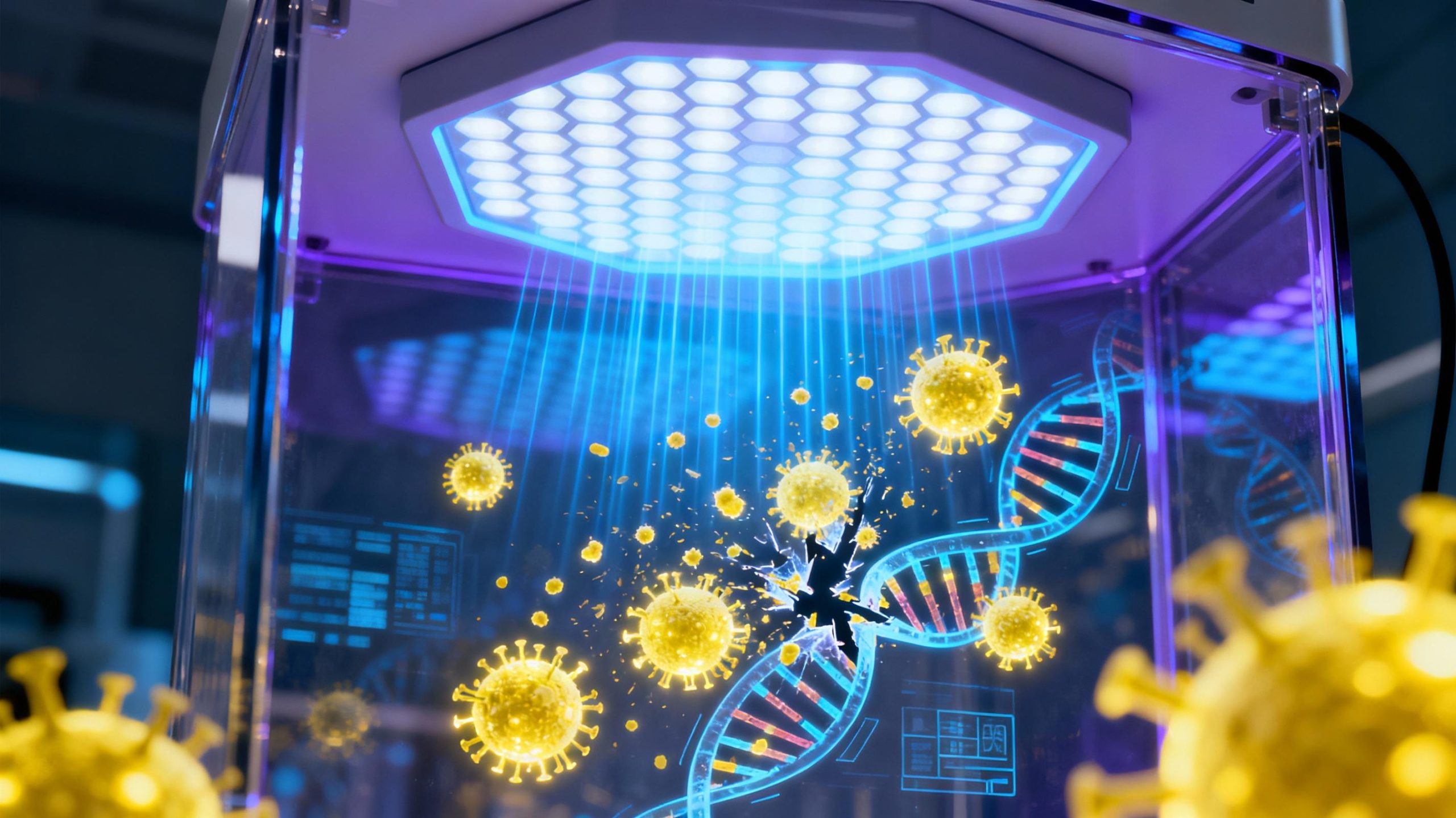 A detailed close-up of UV-C light waves emitted from a hexagonal LED panel inside a transparent sanitization chamber. Microscopic pathogens are visualized as glowing particles disintegrating under the light, with digital overlay graphics showing DNA helix structures breaking apart. The color palette contrasts cool blues and purples with bright yellow particles, emphasizing scientific precision.