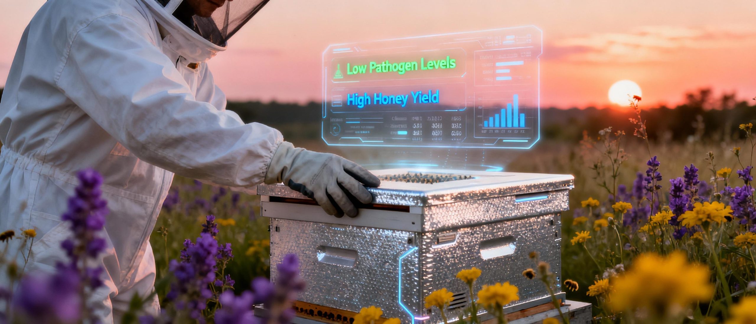 A beekeeper in a protective suit inspects a nanotech-coated hive surrounded by wildflowers at sunset, with data overlays showing colony health metrics like low pathogen levels and high honey yield on a transparent holographic display.