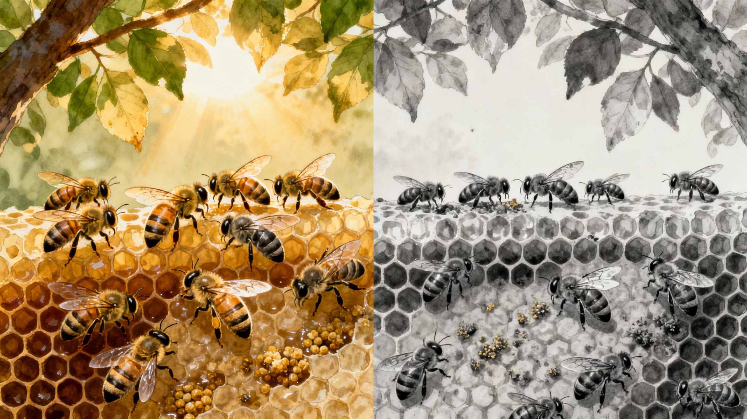 A split-frame comparison showing two honeybee colonies: one with varied worker bee coloration (left) and another with uniform genetics (right). The vibrant, diverse colony thrives on honeycomb filled with pollen and nectar, while the monochromatic colony shows signs of disease. Sunlight filters through tree leaves above.