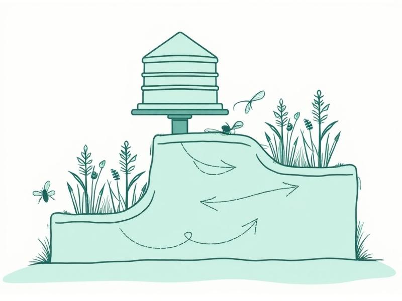An illustrated cross-section diagram of a hive-mounted garden showing a hexagonal beehive on a steel platform, layered planting beds with milkweed and asters, and drip irrigation tubes. Arrows indicate pollinator movement between flowers and hive entry points, with a minimalist line-art style in teal and sage green tones.
