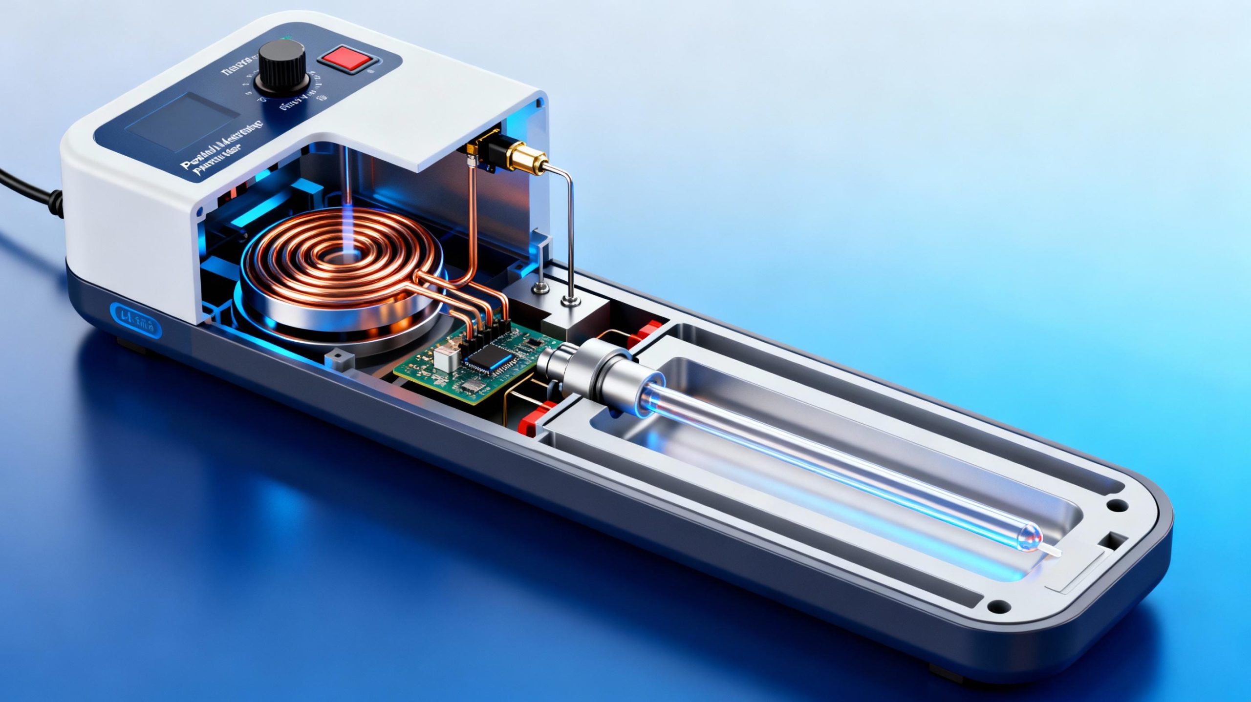 A cross-sectional technical illustration of a portable melting point tester, revealing internal heating coils, a temperature sensor, and a sample chamber with a capillary tube. The background features gradient blue tones, emphasizing precision engineering and modern technological components.