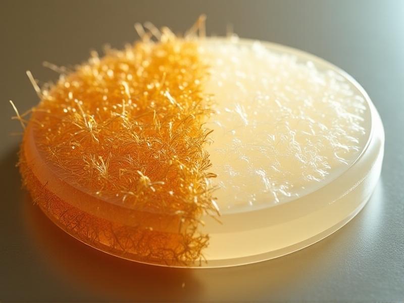 A split-image illustration contrasting natural hemp fibers (golden-brown, fibrous texture) and a translucent biopolymer matrix (smooth, glossy surface) under laboratory lighting, symbolizing the fusion of organic and synthetic components in bio-composite production.