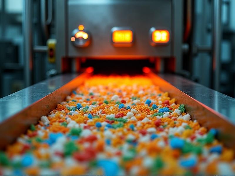 A high-resolution close-up of shredded multicolored plastic fragments on a conveyor belt in a recycling facility. Steel machinery with glowing orange temperature gauges dominates the background. Soft industrial lighting accentuates textures of melted plastic being molded into hive frame shapes. The image conveys technology transforming waste into functional apiary tools.