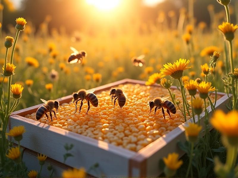 A thriving beehive surrounded by pollinator-friendly flowers in a sunlit meadow, honeybees flying near pristine white honeycomb frames filled with golden honey and healthy brood.